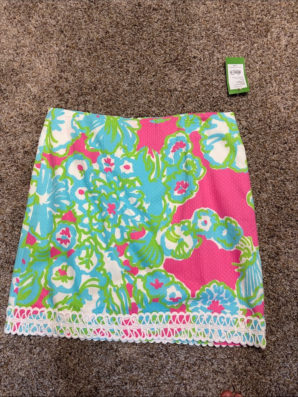 Lilly Pulitzer Pink, Blue & Green Floral Mini Skirt with Crochet Hem